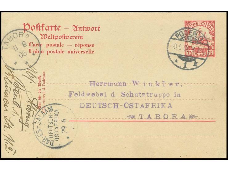 1905, Antwortkarte 7½ H.,  gestempelt "POSEN 8.6.06" nach Tabora mit Transit- und Ankunftsstempel, selten