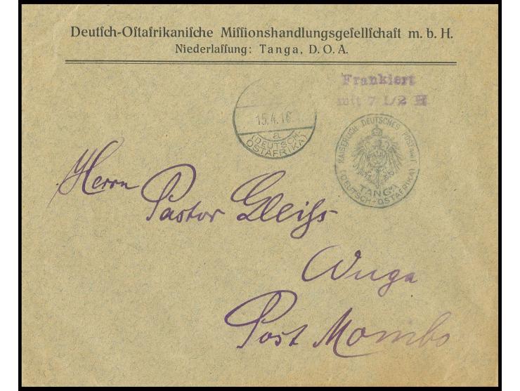 Vorausfrankaturen: 1916, "Frankiert/mit 7 1/2 H." auf Umschlag der Missionshandelsgesellschaft mit Stempel "TANGA 15.4.16" na