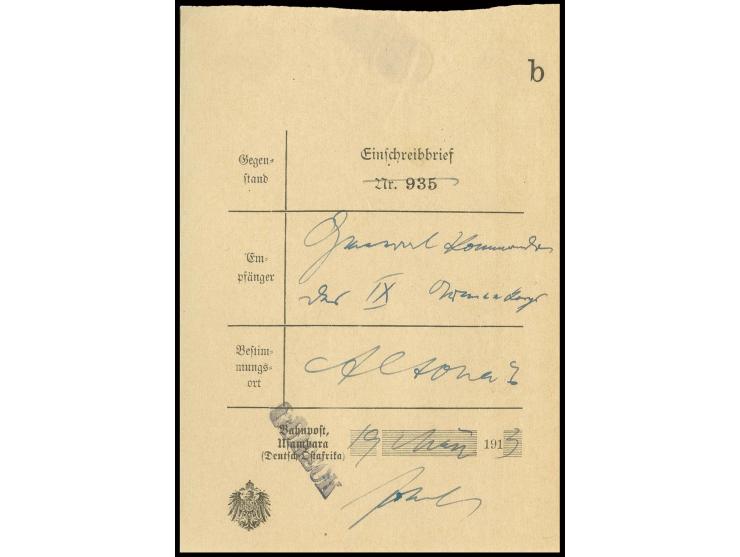 1913, Einlieferungsschein Bahnpost Usambara (DOA) als Aufbrauch im Reichsgebiet mit L1 "LÜBECK", nicht häufige Verwendung!