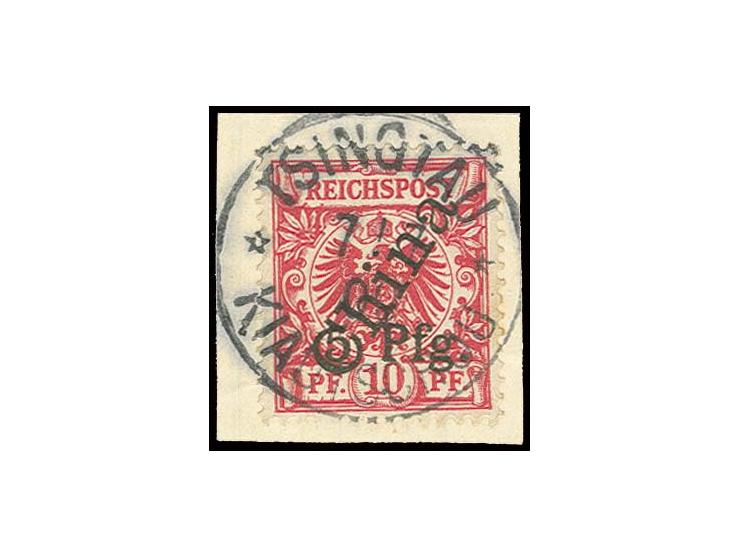 mit Steilaufdruck: 5 Pfg. auf 10 Pfg. ohne Blaustrich, mit zentrischem Stempel "TSINGTAU 7/ 00" auf Briefstück, Pracht, Fotoa