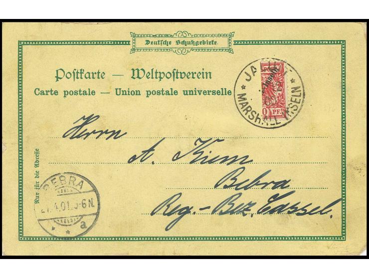 1899, 10 Pfg., senkrecht halbiert mit zentrischem Stempel "JALUIT MARSHALL INSELN 4/12 00" auf Ansichtskarte nach Bebra mit A
