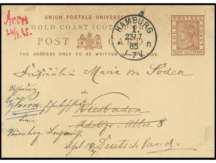 1885, Ganzsachenkarte Goldküste ½ P. braun mit handschriftlichem Aufgabevermerk "Accra 24/6.85." in roter Tinte mit schönem B