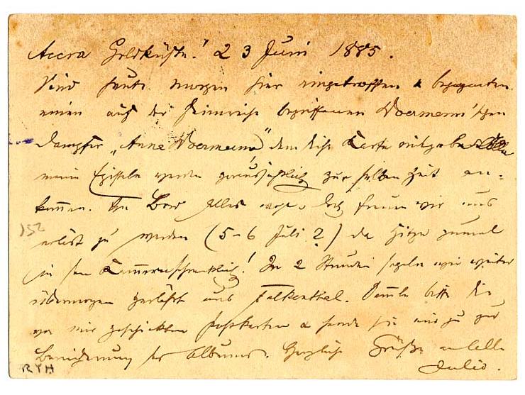 1885, Ganzsachenkarte Goldküste ½ P. braun mit handschriftlichem Aufgabevermerk "Accra 24/6.85." in roter Tinte mit schönem B