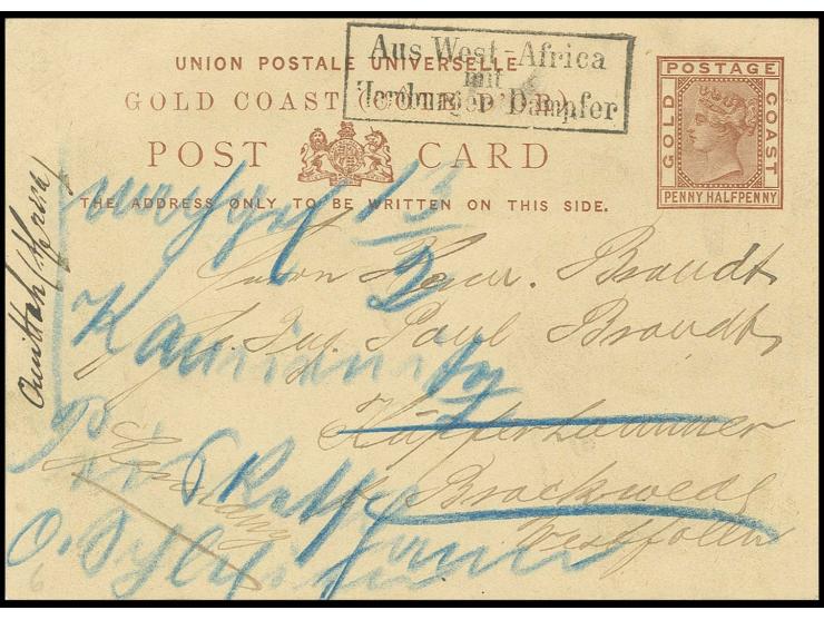 1886, "Aus West-Africa mit Hamburger Dampfer", klarer Ra3 auf Ganzsachenkarte Goldküste ½ P. braun von Quittah 1886, mit lang