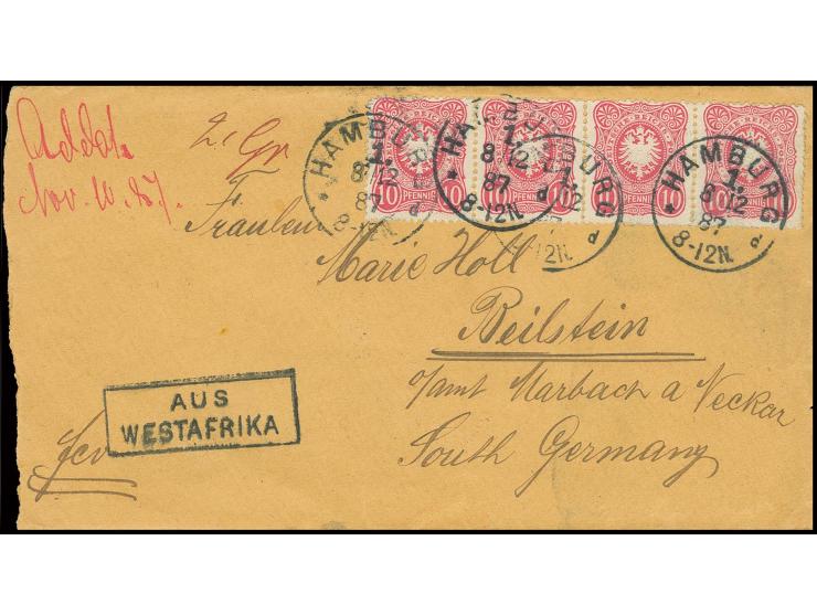 1887, "AUS WESTAFRIKA", klarer Ra2 nebengesetzt auf Briefumschlag mit handschriftlichem Aufgabevermerk "Addah Nov. 10.87" nac