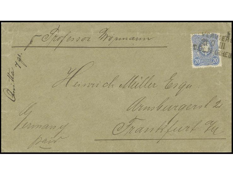 "VERVIERS / 21 9 III / CÖLN (RHEIN)", Bahnpost-L3 als Entwertung auf 20 Pfg. auf Briefumschlag 1887, von Quittah nach Frankfu