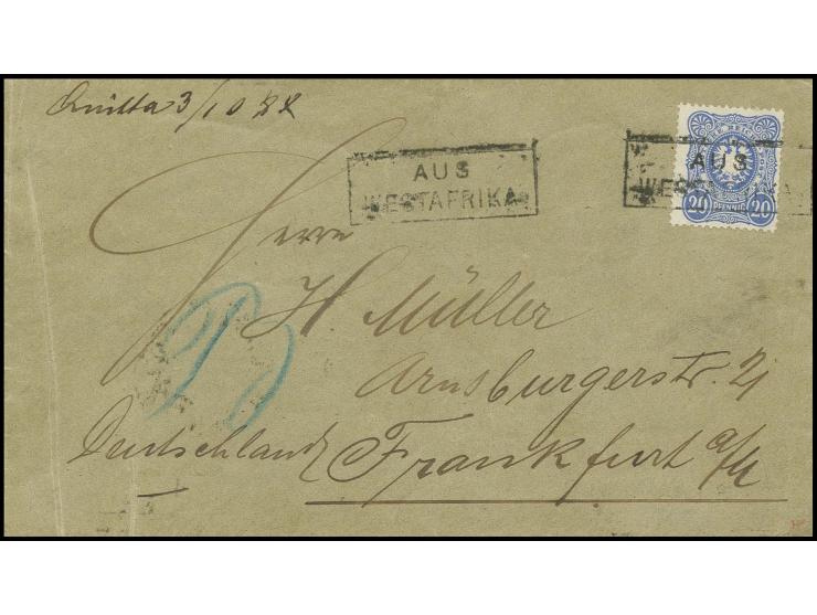 1888, "AUS WESTAFRIKA", Ra2 auf 20 Pfg. blau sowie zusätzlich nebengesetzt auf Briefumschlag mit Aufgabevermerk "QUITTAH 3/10