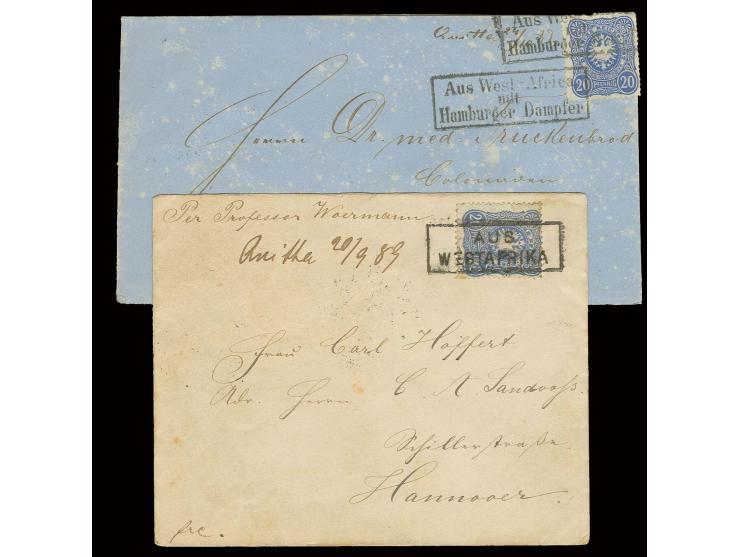 1889, 2 Briefe mit handschriftlichem Aufgabevermerk "Quitta", beide frankiert mit 20 Pfg., einmal mit Ra2 "AUS WESTAFRIKA", e