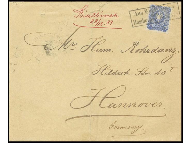 "Aus West-Africa mit Hamburger Dampfer", klarer Ra3 auf 20 Pfg. ultramarin (kleine Zahnfehler) auf Briefumschlag mit handschr
