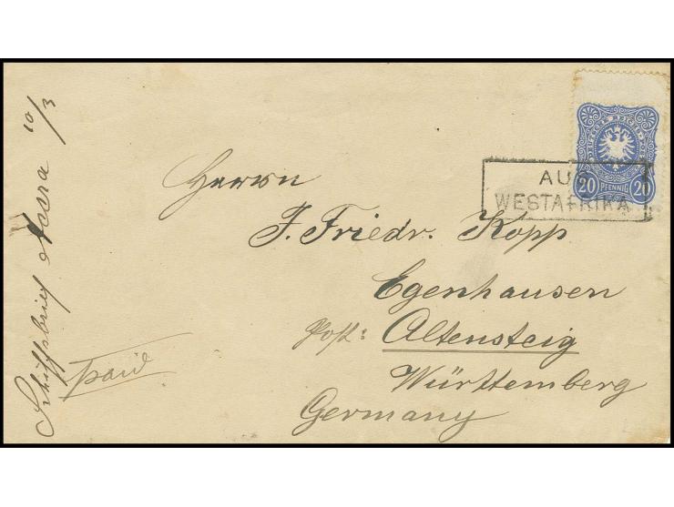 "AUS WESTAFRIKA", Ra2 auf 20 Pfg. blau mit Zwischenstegansatz oben auf Brief mit Aufgabevermerk "Schiffsbrief Accra 10/3" (18
