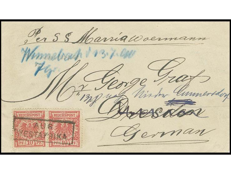 1890, "AUS WESTAFRIKA", klarer Ra2 auf 2 Werten Krone/Adler 10 Pfg. auf Briefumschlag mit blauem Aufgabevermerk "Winnebeah 13