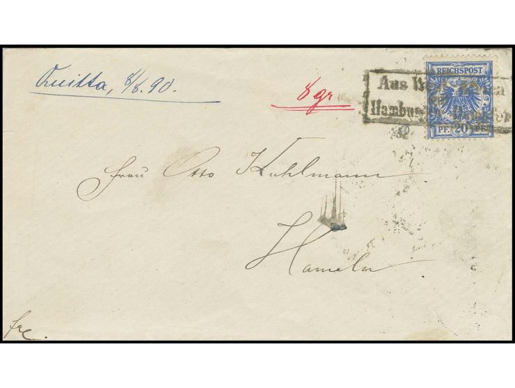 "Aus West-Afrika mit Hamburger Dampfer", Ra3 auf Krone/Adler 20 Pfg. blau auf Briefumschlag mit handschriftlichem Aufgabeverm