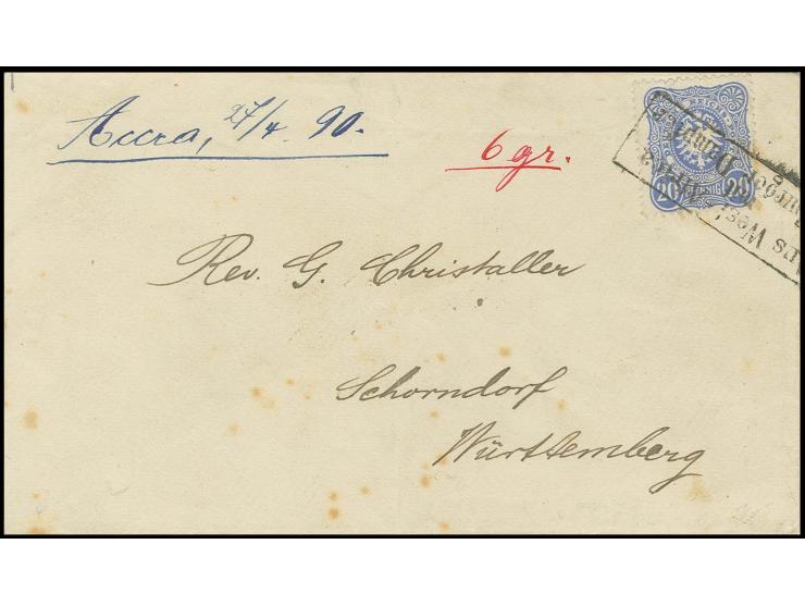 "Aus West-Africa mit Hamburger Dampfer", Ra3 auf 20 Pfg. ultramarin auf Brief mit handschriftlichem Aufgabevermerk "Accra 27/