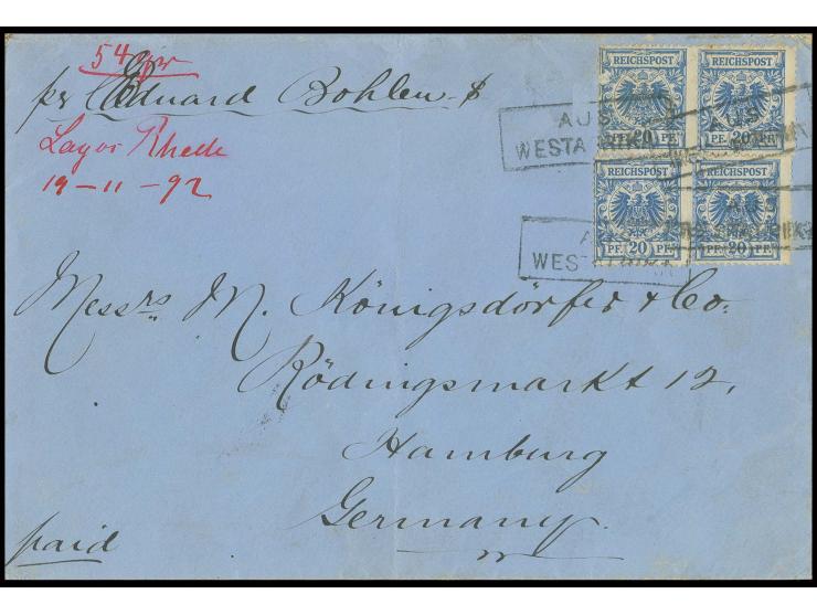 1892, "AUS WESTAFRIKA", Ra2, 4mal abgeschlagen auf 2 waagerechten Paaren Krone/Adler 20 Pfg. blau auf Leinenumschlag mit hand
