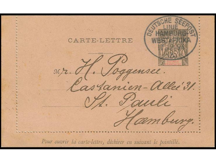 1894, "DSP Linie Hamburg-Westafrika 17/12.94", Ovalstempel klar auf französisch Guinea Kartenbrief 25 C. mit langem Text nach