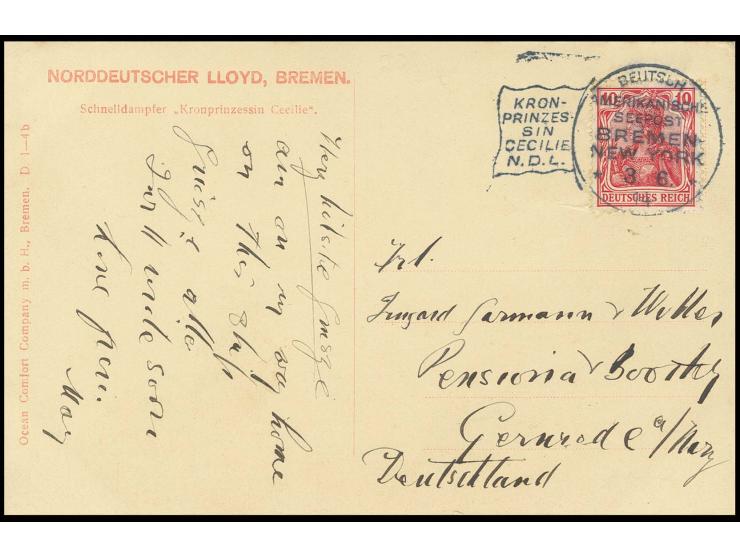 1914, "DASP BREMEN-NEW YORK 3.6.14/KRONPRINZESSIN CECILIE N.D.L." Flaggenstempel auf Germania 10 Pfg. auf farbiger Schiffsbil