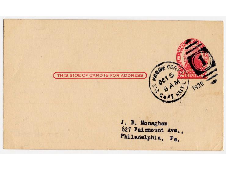 USA: 1928, "U.S. MARINE CORPS CAPE HAITI", Duplexstempel auf USA-Ganzsachenkarte 2 C. nach USA