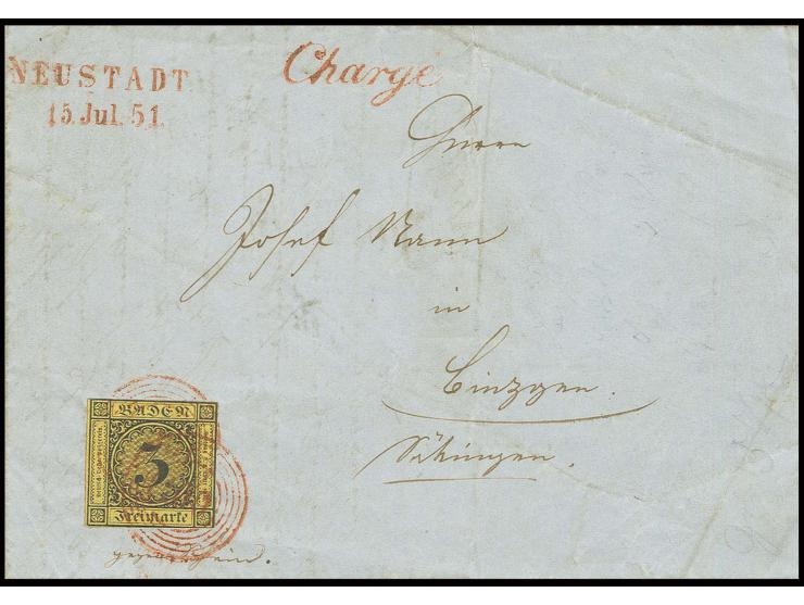 STEMPEL: "100" NEUSTADT in rot, 2 saubere Abschläge auf 3 Kr. auf orangegelb mit nebengesetztem rotem L2 "NEUSTADT 15 JUL. 51