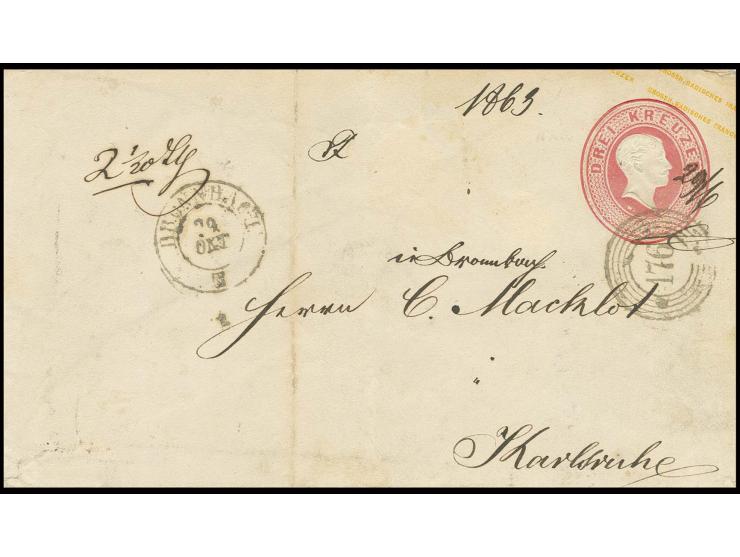 "176" BRONNBACH, klar und sauber vorschriftswidrig abgeschlagen auf Werteindruck eines Ganzsachenumschlages 3 Kr. rosa mit sa