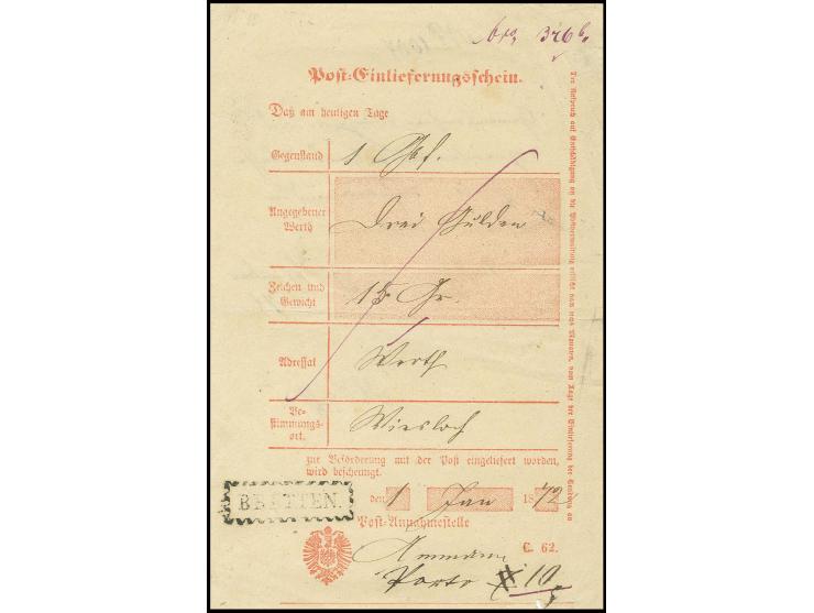 "BRETTEN", Zackenkranzstempel in schwarz sauber nachverwendet auf DR-Einlieferungsschein vom 1. Januar 1872, leichte Gebrauch