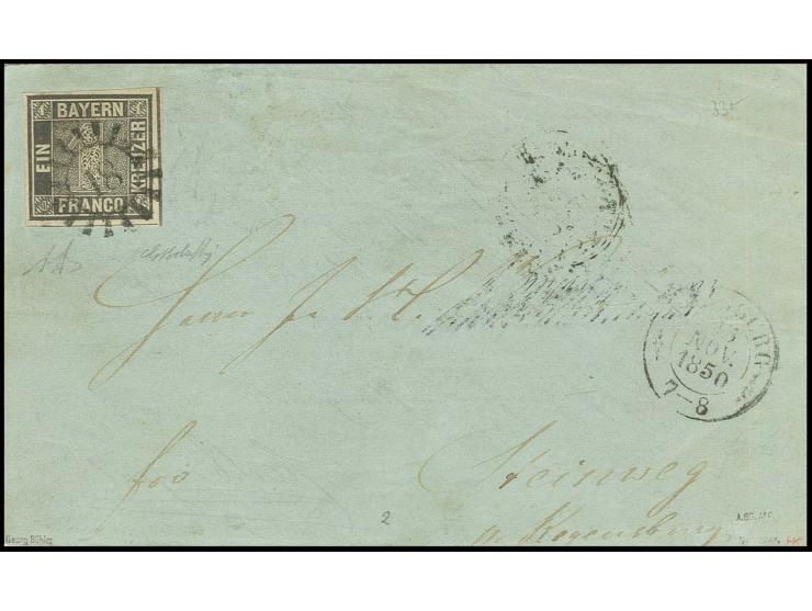 1 Kr. schwarz, breitrandig und farbfrisch mit gMR "18" auf Drucksache mit DKr. "AUGSBURG 15. NOV. 1850" nach Steinweg, Pracht