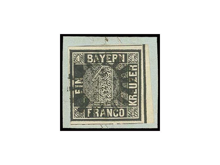1 Kr. tiefschwarz, links unten kleine Stelle Randlinienschnitt, sonst breitrandig mit Zwischenlinien und rechts 1-2 mm breite