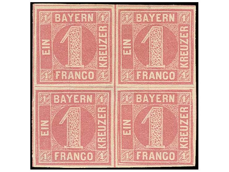 1 Kr. rosa, Platte 2, 4er-Block, voll- bis breitrandig, ungebraucht, Pracht, mehrfach sign., u.a. Pfenninger