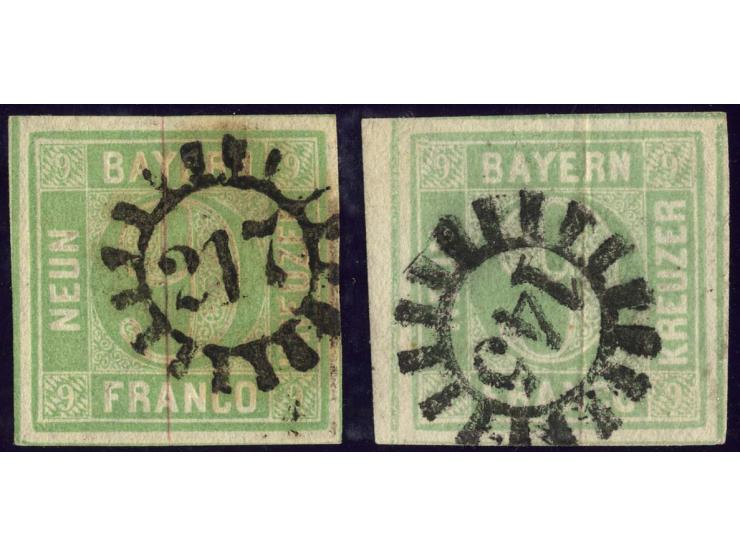 9 Kr. bläulichgrün in Type I und 9 Kr. mattblaugrün in Type II, beide breitrandig und sauber gestempelt, Kabinett, sign. Bret