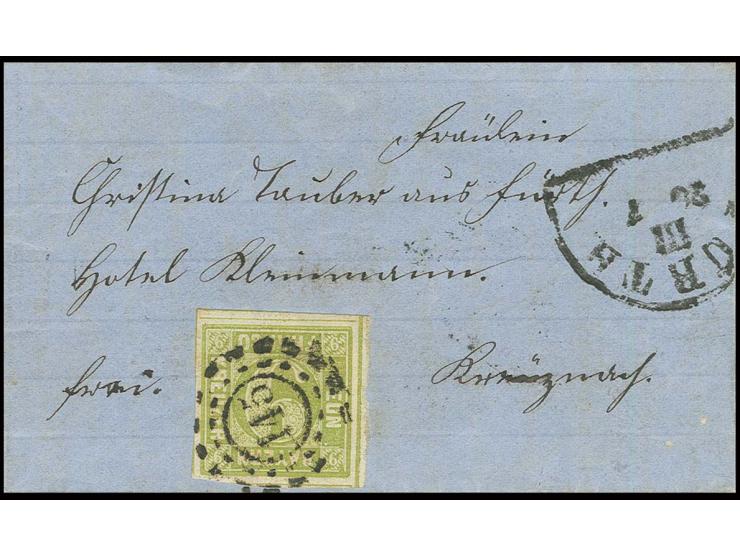 9 Kr. gelbgrün, allseits breit- bis überrandig mit Schnittlinien an allen Seiten, mit oMR "145" auf kleinformatiger Briefhüll