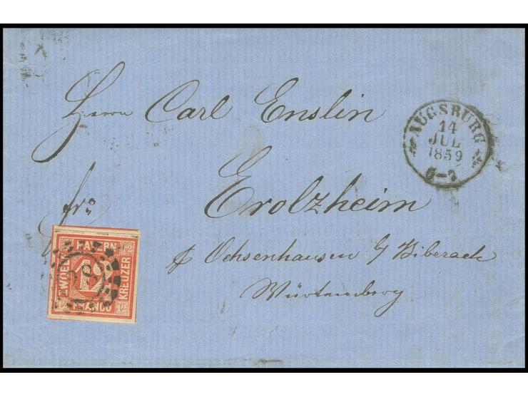 12 Kr. rot, voll- bis breitrandig mit oMR "28" auf Briefhülle der 2. Gewichtsstufe von "AUGSBURG 14 JUL 1859" nach Gerolsheim