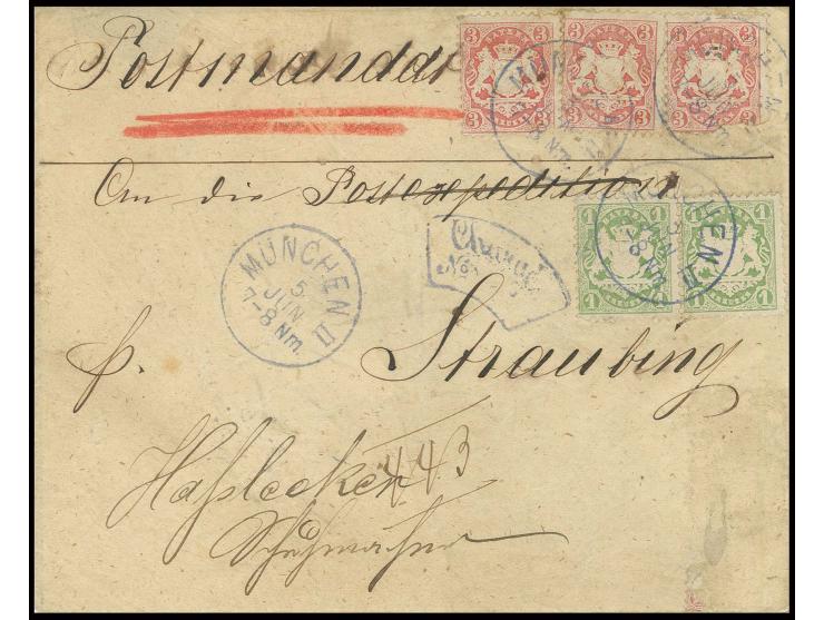1870, Wappen gezähnt, Wz. enge Rauten: 1 Kr. dunkelgelblichgrün im waagerechten Paar und 3 Einzelmarken 3 Kr. karminrosa mit 