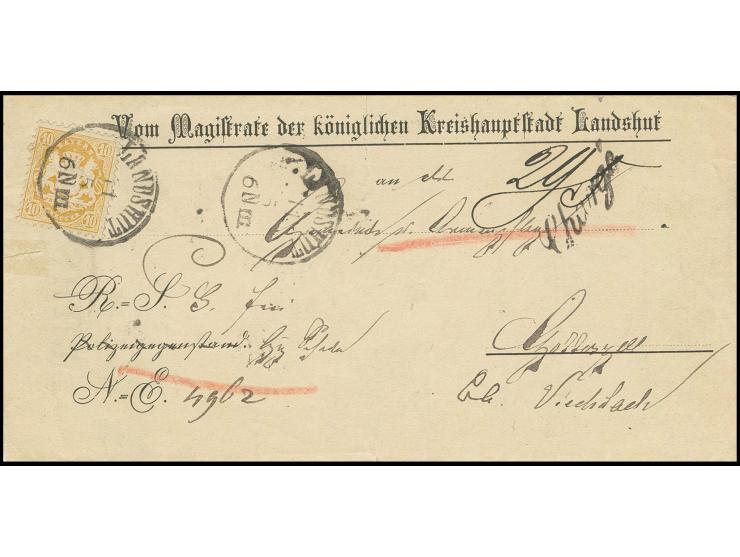 10 Kr. dunkelgelb, farbfrisch und gut gezähnt mit EKr. "LANDSHUT 11 5" auf eingeschriebener Dienstbriefhülle nach Gotteszell;