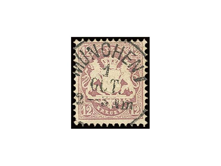 12 Kr. dunkelbraunpurpur, farbfrisch und tadellos gezähnt, ideal entwertet mit zentrischem EKr. "MÜNCHEN 1. OCT"; eines der s