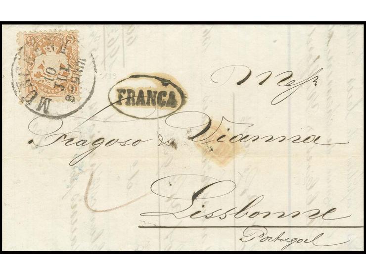 9 Kr. braun mit sauberem EKr. "MÜNCHEN 10 JUL." (1874) auf kleinem kpl. Faltbrief nach Lissabon mit vorderseitigem Ovalstempe