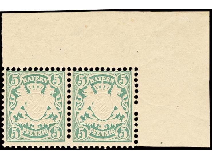 1876/81, Wappen 5 Pfg. bläulichgrün im waagerechten Paar aus der rechten oberen Bogenecke, postfrisch mit Falzspur im Rand, g