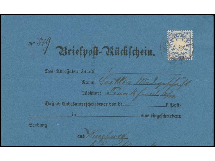 20 Pfg. ultramarin mit EKr. "WÜRZBURG 16 JAN" (1878) auf Briefpost-Rückschein für einen Brief nach Frankfurt mit zugehörigem 