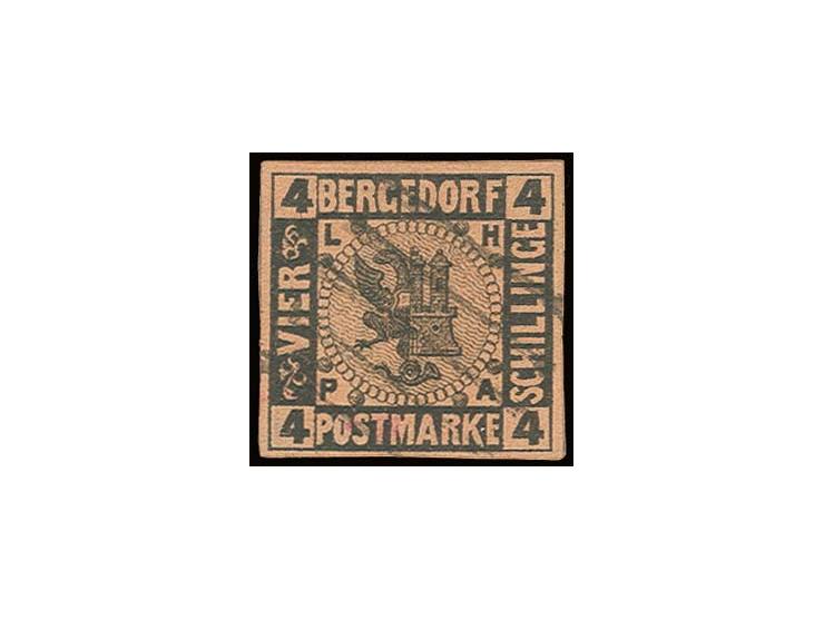 4 Sch. auf mattbraunorange, allseits breitrandig mit klar aufgesetztem Strichstempel, kleine Unzulänglichkeiten rückseitig ko