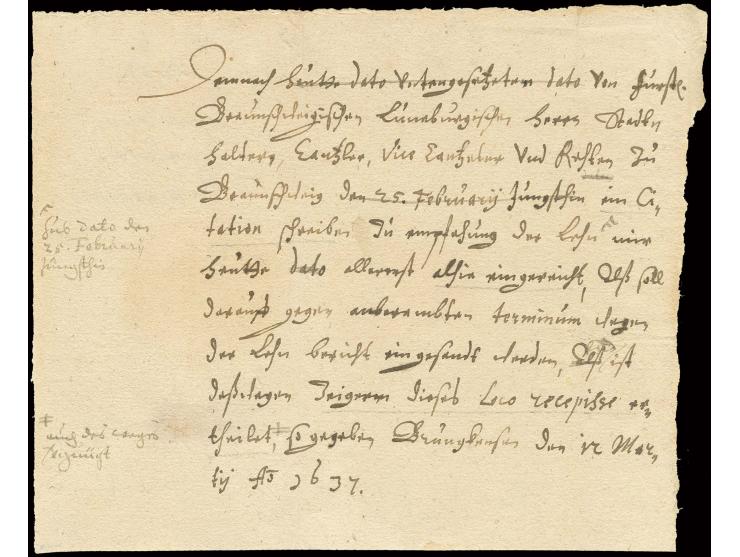 1637, "Braunschweig" handschriftlich auf Postschein, gefaltet, sign. Kruschel