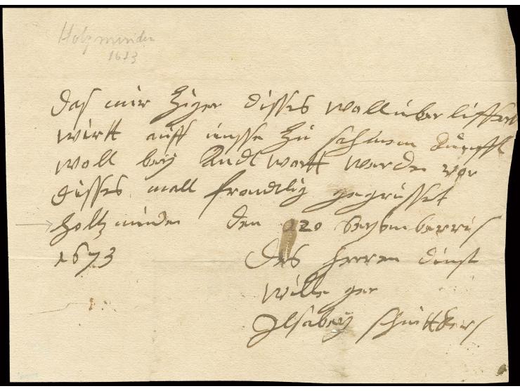 1673, "Holzminden" handschriftlich auf Postschein, gefaltet, sign. Kruschel