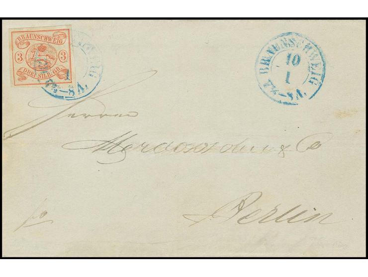 1852, 3 Sgr. orangerot, farbfrisch und allseits breit gerandet mit blauem DKr. "BRAUNSCHWEIG 10/1", auf Briefhülle nach Berli