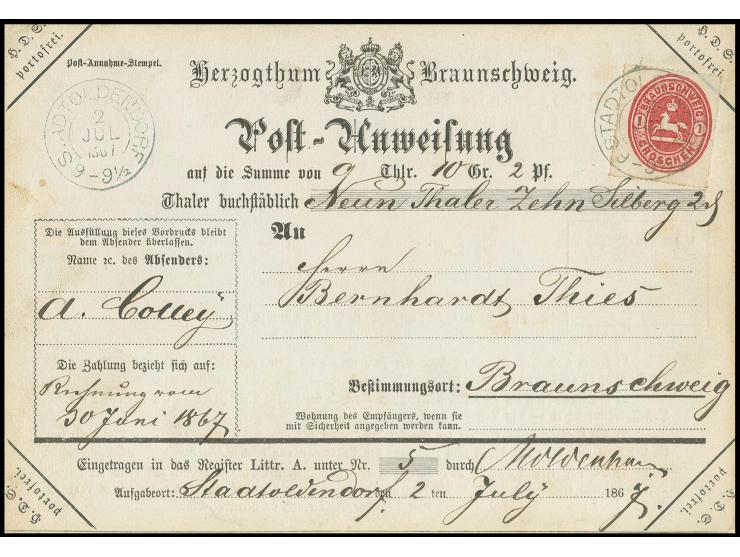 1 Gr. karminrot, farbfrisch und gut durchstochen mit klarem DKr. "STADTOLDENDORF 2 JUL 1867" auf privat verwendeter portofrei