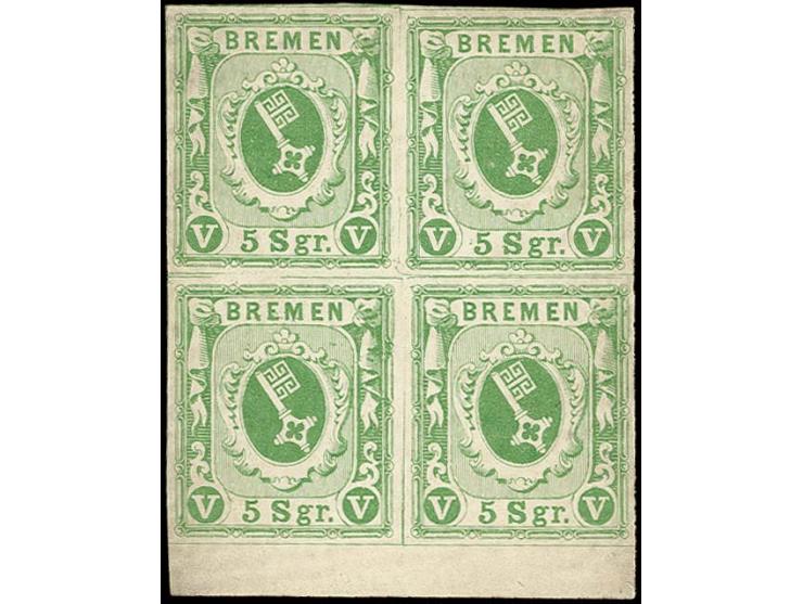 1859, 5 Sgr. grün auf gestrichenem Papier im 4er-Block vom unteren Bogenrand, postfrisch, sign. Georg Bühler mit Befund (1978