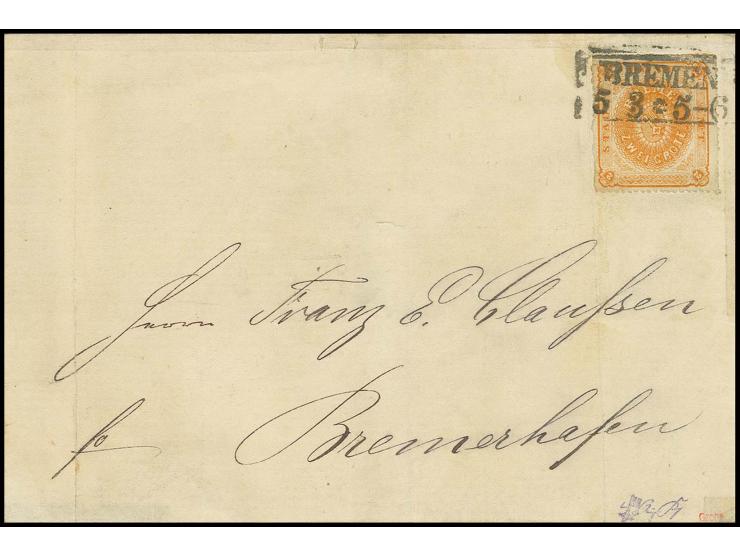 1861, durchstochen: 2 Gr. orange, sehr schön farbfrisch, sauber entwertet durch Ra2 "BREMEN 5 3"  auf Briefhülle der bekannte