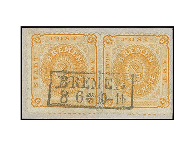 1866/67, gezähnt 2 Gr. orange, 2 Einzelwerte als Paar geklebt mit sauberem Ra2 "BREMEN 8 6" auf Briefstück; zwischen den Mark