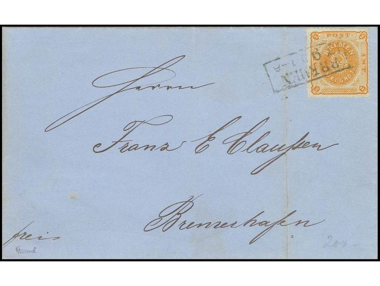 2 Gr. gelblichorange, farbfrisch mit sauberem Ra2 "BREMEN 7 9" auf Faltbriefhülle nach Bremerhaven mit Ankunftsstempel; durch