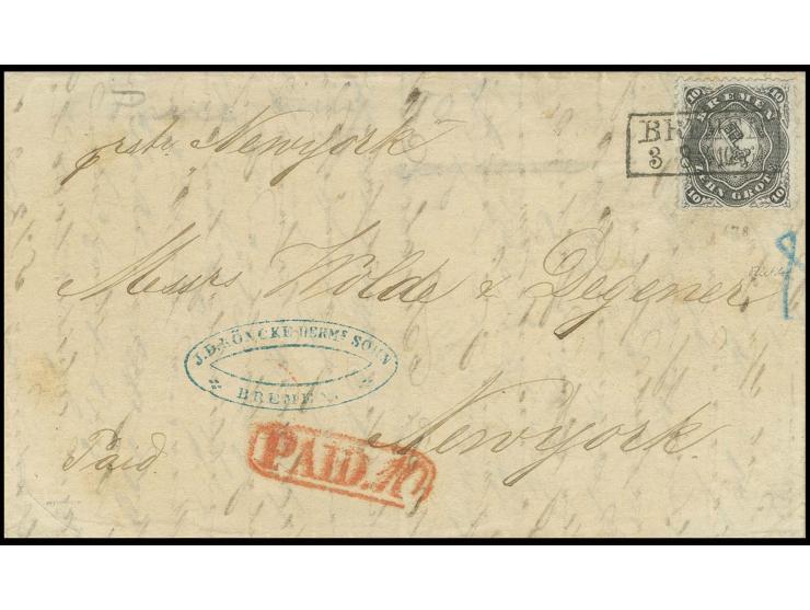 10 Gr. schwarz mit klar aufgesetztem Ra2 "BREMEN 3 8" (1867) auf Faltbrief nach New York; die Marke war zur Prüfung gelöst un