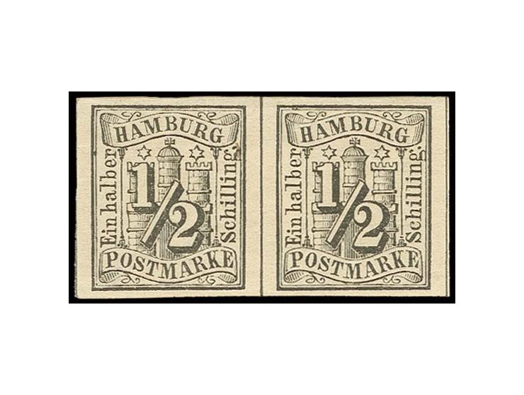 1859, Wappenausgabe geschnitten: ½ Sch. schwarz im waagerechten Paar, allseits breitrandig, ungebraucht mit Originalgummi, Ka