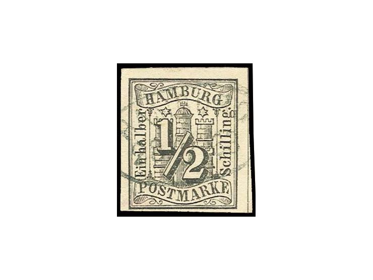 ½ Sch. schwarz, voll- bis überrandig mit zentrischem, leicht und sauber aufgesetztem Ovalstempel "HAMBURG 28/7 63", Kabinett,