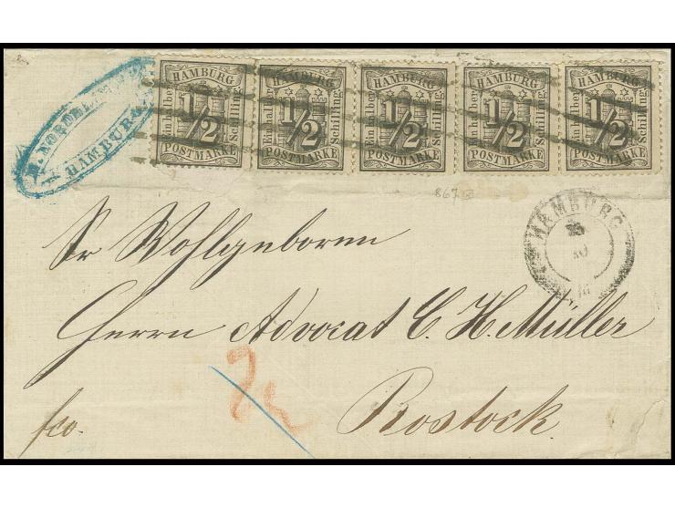1864, gezähnt: ½ Sch. schwarz, 5 Einzelwerte mit Balkenstempel und nebengesetztem DKr. des Mecklenburger Postamtes "HAMBURG 2