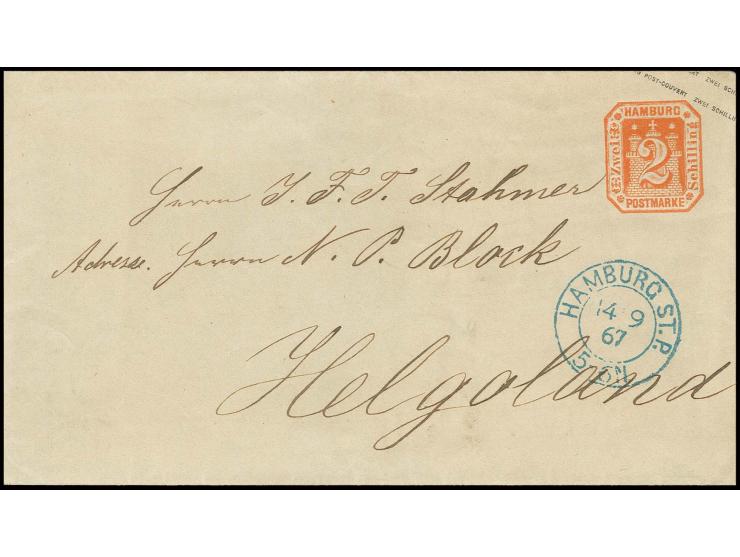 GANZSACHEN: 1867, Umschlag 2 Sch. orange mit Wz. mit sauber nebengesetztem blauem DKr. "HAMBURG ST. P. 14 9 67" nach Helgolan
